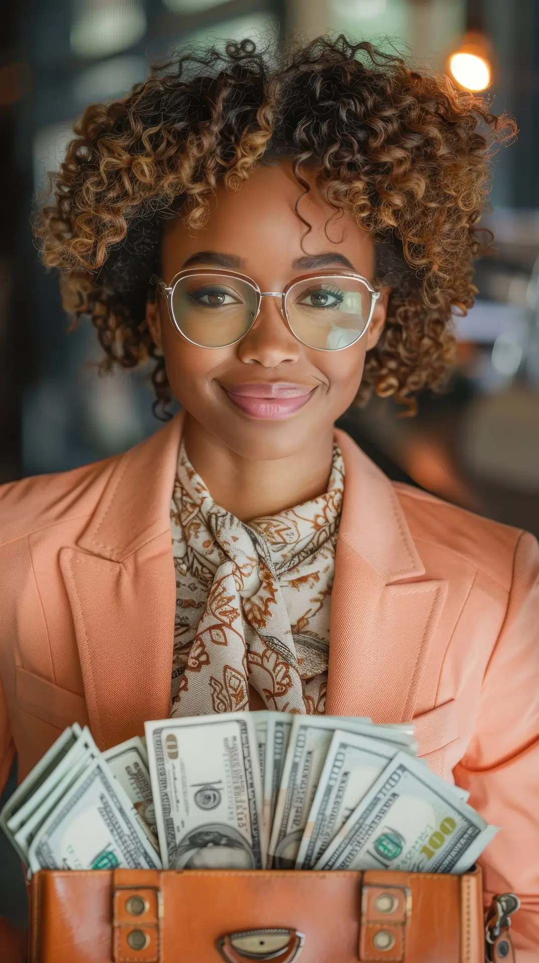 portrait woman surrounded by money
